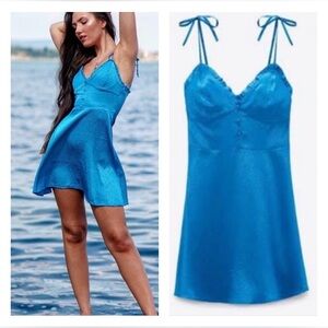 Zara Satin Effect Mini Slip Dress Size XS Cocktail Party Babydoll Y2K Blue New
